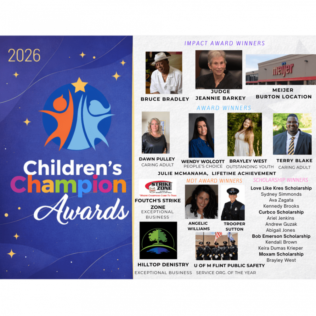 Graphic displaying the 2026 Children's Champion Awards, featuring award winners including Bruce Bradley, Judge Jeannie Barkey, and several businesses recognized for their impact on children.