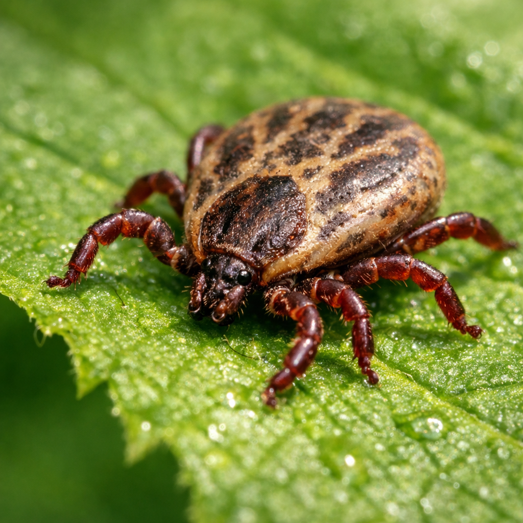 Tick with brown patterned body and reddish legs on green leaf