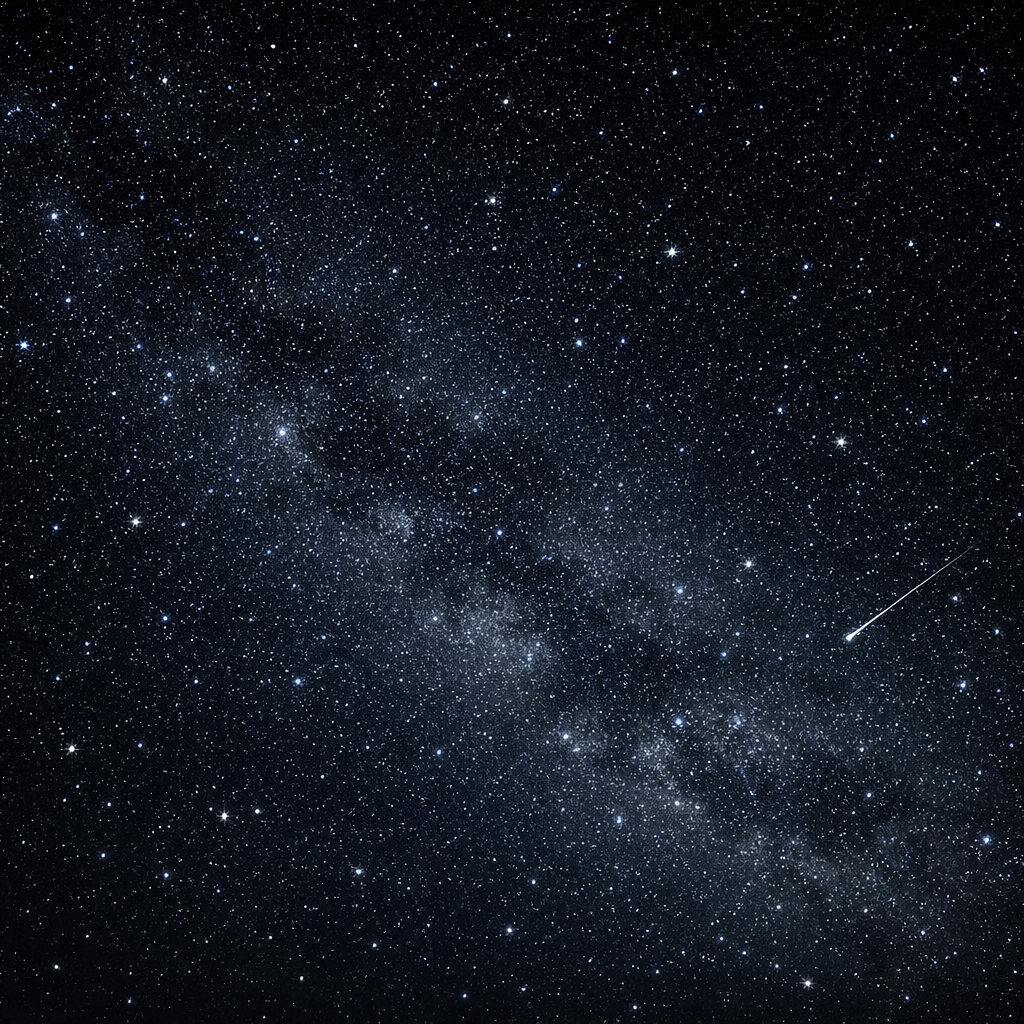Night sky densely packed with stars and a bright meteor streak