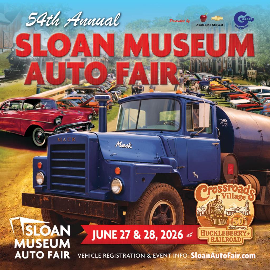 Promotional poster for the 54th Annual Sloan Museum Auto Fair featuring a blue Mack truck, with details about the event date and location.