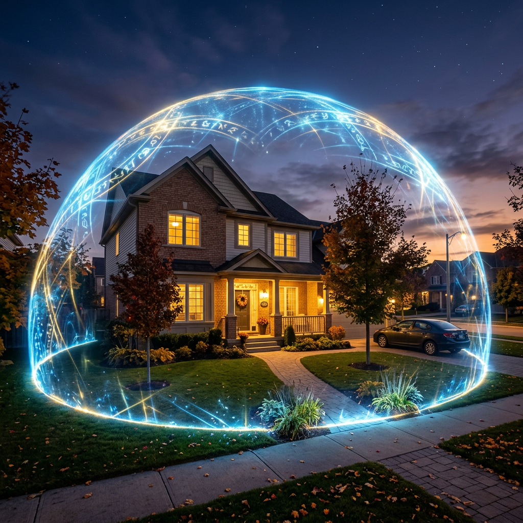 Suburban house enclosed by a glowing blue magical dome with symbols at dusk