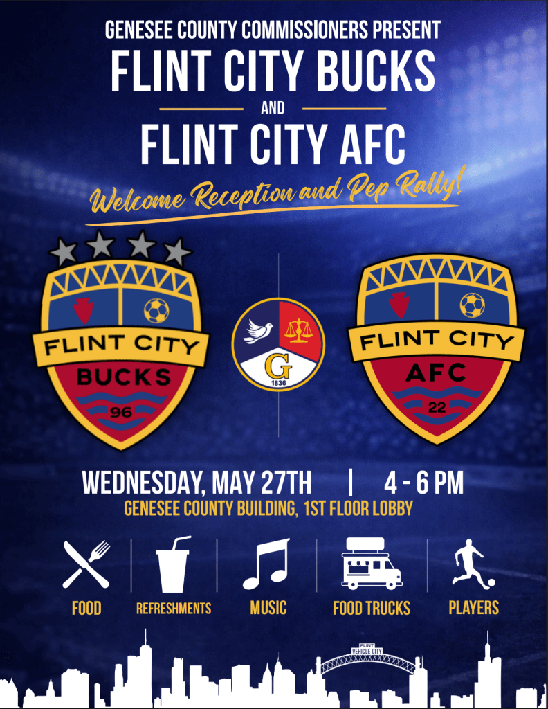 Promotional poster for a welcome reception and pep rally for Flint City Bucks and Flint City AFC featuring event details, logos, and activities.