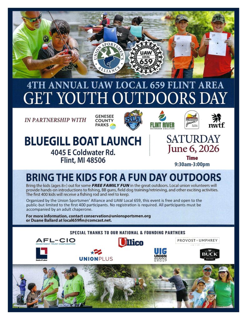 Promotional flyer for the 4th Annual UAW Local 659 Flint Area Get Youth Outdoors Day, featuring details about the event location, date, and activities for children.