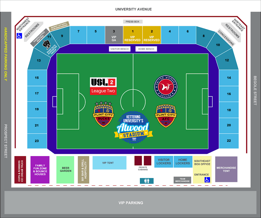 Seating chart for Atwood Stadium, Kettering University, showing various sections including VIP and general admission areas, team benches, locker rooms, and amenities such as restrooms and concession stands.