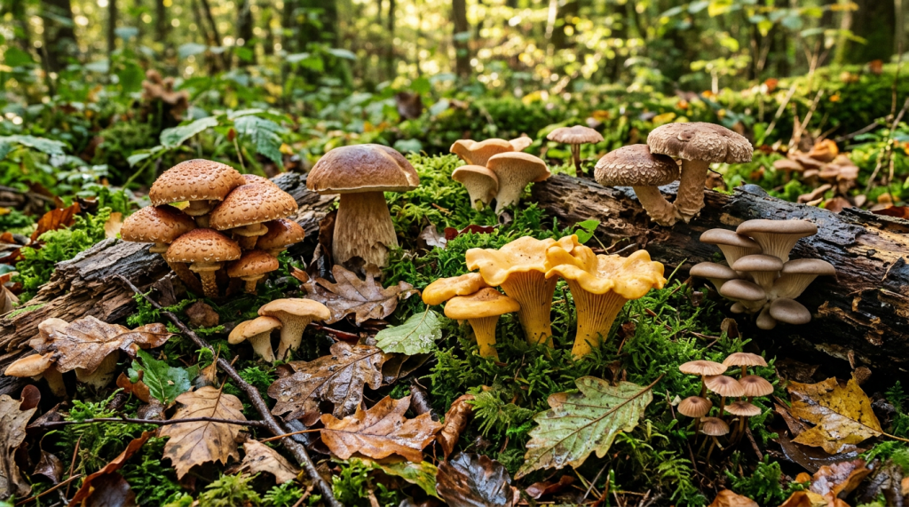 Various brown, yellow, and tan mushrooms growing on a mossy fallen log